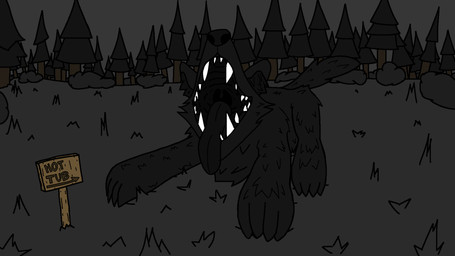 ambiguous_gender black_body black_flesh black_fur black_insides black_mouth black_tongue dark feral fluffy forest fur grass lying mouth_shot nature nature_background open_mouth outside plant sharp_teeth sign solo teeth tongue tongue_out tree uvula panzerdancer xil_(panzerdancer) canid canine canis eldritch_abomination mammal wolf 16:9 hi_res widescreen female_(lore)