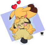 anthro duo feet female hug kissing kissing_head male male/female paws simple_background young young_anthro sanispifo nintendo pokemon generation_1_pokemon generation_2_pokemon pichu pikachu pokemon_(species) 2022 digital_media_(artwork)