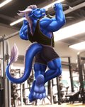 4:5 4_toes akuro anthro black_clothing blue_body blue_scales blue_tail butt claws clothed clothing dragon dream_and_nightmare exercise eyes_closed feet hi_res horn inside male muscular muscular_anthro muscular_male mythological_creature mythological_scalie mythology pull-up_(exercise) scales scalie shirt soles solo tail tail_tuft tank_top teeth toe_claws toes topwear tuft white_horn workout