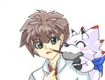 anthro blush brown_hair candy chocolate claws dessert duo food green_eyes hair horn kerchief male necktie pocky_in_mouth white_body re07722035 bandai_namco digimon digimon_ghost_game pocky hiro_amanokawa digimon_(species) gammamon human mammal hi_res