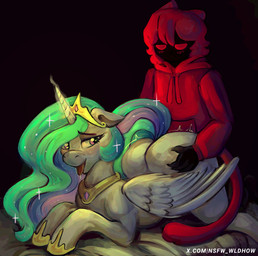 anthro bed bedding black_body blanket butt claws clothed clothed_anthro clothed_male clothing crown decoration drooling_tongue duo ears_back ears_down female furniture glare glistening glistening_eyes hair half-closed_eyes headgear hooves horn jewelry magic male male/female narrowed_eyes necklace pivoted_ears pose red_eyes red_hair sex simple_background size_difference sweatshirt tail tongue tongue_out white_background white_body wings wldhow friendship_is_magic hasbro my_little_pony my_little_pony:_the_movie_(2017) mythology princess_celestia_(mlp) equid equine felid horse mammal mythological_creature mythological_equine pony winged_unicorn hi_res pinup