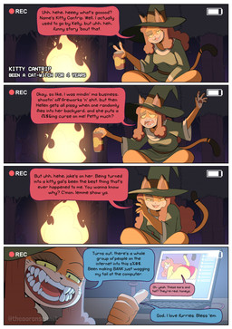 after_transformation anthro battery_life beverage breasts butt claws clothing computer dialogue dipstick_tail electronics female fire forest green_clothing hat headgear headwear holding_beverage holding_object laptop looking_at_viewer markings open_mouth outside plant pornography recording_video smile smug solo tail tail_markings text tree witch_hat aaron_schmit kitty_cantrip domestic_cat felid feline felis mammal 2026 absurd_res digital_media_(artwork) english_text hi_res