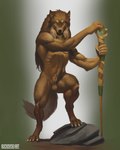 animal_genitalia anthro balls brown_body brown_fur druid fur genitals green_eyes hair magic_user male mane mane_hair muscular muscular_male realistic_lighting realistic_shading sheath solo staff standing standing_on_object tribal_spellcaster buckovskiart canid canine canis mammal wolf 4:5 hi_res