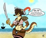 anthro beach blue_eyes breasts brown_body brown_fur clothed clothing female fur hair looking_at_viewer melee_weapon narrowed_eyes pirate_hat pirate_outfit pose seaside ship smile solo sword text thick_thighs topwear vehicle watercraft weapon yellow_sclera unclescooter lucy_lupa canid canine canis mammal wolf 2016 digital_media_(artwork) english_text pinup