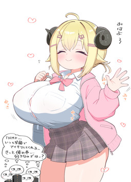 accessory ahoge big_breasts blonde_hair blush blush_lines bottomwear bow_ribbon breasts button_(fastener) clothing curled_horn dialogue eyes_closed female gesture group hair hair_accessory horn huge_breasts huge_thighs jacket japanese male motion_lines school_bag school_uniform shirt short_hair simple_background skirt smile sound_effects straining_buttons text thick_thighs thought_bubble topwear uniform waving wide_hips zazami_d hololive vtuber tsunomaki_watame animal_humanoid bovid bovid_humanoid caprine caprine_humanoid horned_humanoid human humanoid mammal mammal_humanoid sheep_humanoid hi_res translation_request
