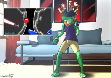 anthro curtains furniture green_body male markings poster sofa striped_markings stripes table vr_controller vr_headset window window_light lownleinhigh beat_saber wralf_airrick_rockhold amphibian frog tree_frog 2022 signature