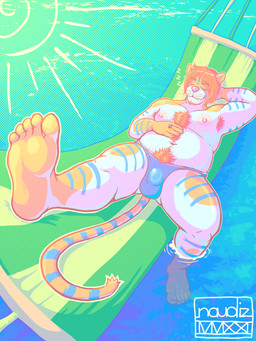 5_toes anthro armpit_hair belly body_hair bulge chest_tuft clothed clothing detailed_bulge feet hair hammock hand_behind_head happy_trail lying male nipples on_back overweight overweight_male partially_submerged plantigrade ring sleeping smile solo sound_effects speedo speedo_only stripes swimwear tail toes topless tuft vowelless vowelless_sound_effect water whiskers zzz naudiz_(artist) bryce_davonport felid mammal mustelid otter pantherine tiger 3:4 absurd_res hi_res
