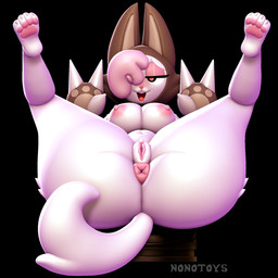3d_print anthro anus big_butt black_eyes breasts butt chair claws ears_up female front_view fur furniture hair half-closed_eyes lowered_tail lying narrowed_eyes nipples on_back open_mouth pawpads pink_hair pose puffy_anus solo spread_legs spreading teeth white_body nonotoys chikn_nuggit cofi_(chikn_nuggit) felid feline mammal 1:1 2026 3d_(artwork) digital_media_(artwork) hi_res pinup