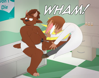 anthro black_nose blue_text bottomwear briefs briefs_only brown_body brown_fur brown_hair cabinet claws clothed clothing coat disinterested doctor's_coat doctor's_office duo floor foxway fully_clothed fur grey_bottomwear grey_clothing grey_pants grey_waistband hair half-closed_eyes horn inside looking_away male medical_checkup narrowed_eyes nipples overweight overweight_male pants pete_(thedc) poster sound_effects text tighty_whities tile tile_floor tongue tongue_out toony topless topwear underwear underwear_only white_briefs white_clothing white_coat white_text white_topwear white_underwear drfoxweyman bat bison bovid bovine mammal english_text hi_res