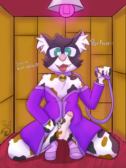 anthro bdsm begging bell bell_collar bodily_fluids clothing collar erection footwear genital_fluids genitals heart_eyes heart_symbol leash male night_robe penis petplay precum presenting roleplay showing_chest simple_background socks solo text thick_thighs pixelt pixy_(pixelt) calico_cat domestic_cat felid feline felis mammal 3:4 absurd_res hi_res spanish_text