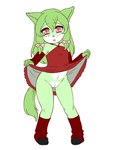 anthro blush clothed clothing clothing_lift dress dress_lift female flat_chested fur genitals green_body green_fur green_hair hair long_hair no_underwear partially_clothed pussy red_clothing red_dress red_eyes shy solo young young_anthro young_female girisama pia canid canine canis domestic_dog mammal 3:4 hi_res