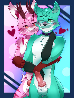 animal_genitalia anthro antlers ball_tuft balls belly_tuft big_ears blue_background blue_body blue_fur blue_hair blush blush_lines body_hair brown_antlers brown_body brown_fur chest_tuft collar collar_only duo ear_piercing eyebrows eyewear foreskin fur fur_markings gauged_ear genitals glasses gloves_(marking) gradient_background green_eyes grey_body grey_eyebrows grey_fur grey_nose hair heart_symbol holding_another horn hug inner_ear_fluff knot knotted_penis long_tail looking_at_another male male/male markings nude one_eye_closed penis piercing pink_background pink_body pink_fur pink_hair purple_background rabbit_ears red_body red_eyebrows red_eyes red_fur red_inner_ear_fluff red_nose ring_piercing romantic romantic_couple rubbing_neck scut_tail sheath short_tail simple_background striped_markings stripes tail tuft wearing_glasses whiskers white_body white_fur white_inner_ear arvo_(artist) akki_(arvo) rioma_(riowoma) canid canine fox jackalope lagomorph leporid mammal rabbit 2025 alpha_channel hi_res