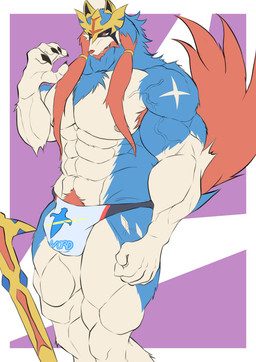 abs anthro armor armpit_hair biceps big_bulge body_hair bulge claws clothing deltoids fangs forearm_muscles logo_on_clothing male melee_weapon muscular muscular_anthro muscular_male nipples pecs pubes simple_background solo sword tail teeth text underwear vein veiny_muscles weapon geryorias nintendo pokemon canid canine canis crowned_sword_zacian generation_8_pokemon legendary_pokemon mammal pokemon_(species) wolf zacian absurd_res hi_res