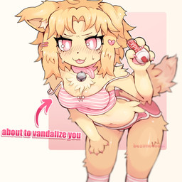 4_fingers accessory anthro blep blush bottomwear breasts chest_tuft claws clothed clothed_anthro clothed_female clothing collar dolphin_shorts dry_erase_marker female female_anthro finger_claws fingers fluffy fur hair hair_accessory holding_object leaning leaning_forward looking_at_viewer marker off_shoulder pawpads paws pink_eyes shorts simple_background solo tail tan_body tan_fur tan_hair tongue tongue_out tuft white_background whiteboard_marker bezimotodol bezi_(bezimotodol) canid canine canis domestic_dog mammal 1:1 2025 absurd_res digital_media_(artwork) hi_res