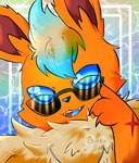 blonde_hair blue_eyes blue_nose blue_tongue dyed_fur eyewear fangs feral fluffy fur hair looking_at_viewer male open_mouth orange_body scar smile smiling_at_viewer smirk smirking_at_viewer solo sunglasses teeth tongue tuft techno_otaku nintendo pokemon techno_the_flareon canid canine eeveelution flareon generation_1_pokemon mammal pokemon_(species) absurd_res digital_media_(artwork) headshot_portrait hi_res portrait