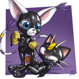 ambiguous_gender anthro anthro_on_anthro bdsm black_nose blue_eyes blush bondage bound bulge clothed clothing collar dominant duo ear_tuft feet feral foot_on_chest fur gag gagged gimp gimp_suit latex latex_clothing latex_skinsuit leash leash_pull looking_down looking_pleasured looking_up lying male male/ambiguous simple_background skinsuit smile standing submissive tight_clothing tuft white_body white_fur radasus bandai_namco digimon nintendo pokemon digimon_(species) felid feline felis gatomon generation_1_pokemon mammal meowth pokemon_(species) 1:1 2021 crossover digital_drawing_(artwork) digital_media_(artwork) hi_res