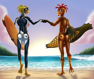 anthro balls beach brown_body butt butt_heart butt_tattoo casual_nudity duo fist_bump flaccid genitals gesture heart_tattoo jewelry male multicolored_body necklace necklace_only nude penis sunset surfboard tattoo wave dal101strefan surf's_up chicken_joe cody_maverick avian bird chicken crested_penguin galliform penguin phasianid rockhopper_penguin hi_res