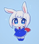 animal_ears blue_background blue_boots blue_clothing blue_dress blue_eyes blue_footwear blush boots chibi clothing dress female footwear frilly frilly_clothing frilly_dress frilly_sleeves frilly_topwear rabbit_ears red_scarf scarf shoes simple_background smile solo topwear white_body white_skin agpgwm pepoyo humanoid lagomorph leporid mammal rabbit 2023 hi_res