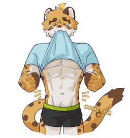 abs anthro athletic athletic_male bottomwear brown_body brown_fur clothed clothing clothing_lift eyes_closed fur fur_markings hair male markings multicolored_body multicolored_fur shirt shirt_lift shorts simple_background solo spots spotted_body spotted_fur standing topwear two_tone_body two_tone_fur white_background joeyzliaotang felid leopard mammal pantherine absurd_res hi_res