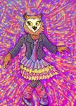 breasts brown_body brown_feathers cleavage clothed clothing colorful_background dress feathers female footwear jacket legwear non-mammal_breasts quad_skates roller_skates socks solo stockings topwear yellow_eyes pseudosharp bojack_horseman netflix wanda_pierce avian bird owl colorful_theme