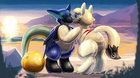 ambiguous_gender anthro ball beach beach_ball beak biped blue_body blue_eyes detailed_background duo inflatable kissing markings nozzle seaside striped_markings stripes sun tail white_body sexotheque capcom european_mythology monster_hunter mythology jacky_pendragon krisfirebolt_(character) animate_inanimate canid canine dragon flying_wyvern fox living_inflatable living_pool_toy mammal monster mythological_creature mythological_scalie nargacuga scalie western_dragon wyvern 16:9 2022 4k absurd_res digital_media_(artwork) hi_res widescreen