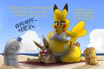 anthro beach belly big_belly blue_sky breasts brown_body female male male/female outside overweight sea sitting_on_another sky solo text thick_thighs water yellow_body thatoneaceguy nintendo pokemon eevee generation_1_pokemon pikachu pokemon_(species) 2024