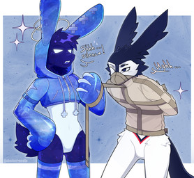 4_eyes annoyed anthro arms_tied bdsm blue_background bondage bottomwear bound clothing dominant duo half-closed_eyes holding_object holding_rope hoodie long_ears male male/male multi_eye muzzle_(object) muzzled narrowed_eyes obey pants restrained restraints rope rope_pull simple_background sparkles speech_bubble standing straitjacket submissive text tired topwear obedientmirelle lagomorph leporid mammal rabbit hi_res
