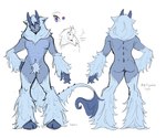 black_text blue_hooves butt digitigrade front_and_back fur hand_on_hip hooves horn looking_at_viewer male mane multicolored_eyes multiple_poses pose pubes simple_background solo tail_spines text white_background white_body white_fur dumbtree boiger bovid caprine goat humanoid mammal handwritten_text hi_res model_sheet