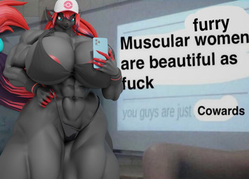 5_fingers abs anthro areola big_breasts black_body black_fur blue_eyes breasts cellphone claws clothing electronics female fingers fur hair hat headgear headwear holding_cellphone holding_object holding_phone holding_smartphone huge_breasts muscular muscular_anthro muscular_female phone profanity red_areola red_claws red_hair smartphone solo text thick_thighs oleanderin bom39_(modeler) nintendo patreon pokemon zoroark_(bom39) generation_5_pokemon pokemon_(species) zoroark 2024 3d_(artwork) digital_media_(artwork) english_text hi_res