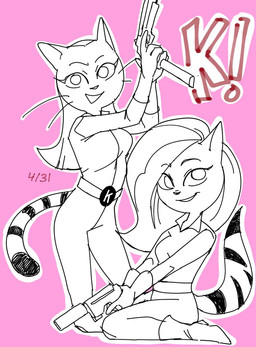 anthro duo female gun holding_gun holding_object holding_ranged_weapon holding_weapon kneeling markings pink_background ranged_weapon simple_background striped_markings striped_tail stripes tail tail_markings weapon whiskers dbaru nickelodeon t.u.f.f._puppy kitty_katswell domestic_cat felid feline felis mammal 2026 character_request