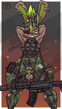 accessory angry anthro armpit_fetish balls bodily_fluids bodysuit brown_body brown_fur camo camo_print chastity_cage chastity_device clothed clothing ear_piercing eye_patch eyeshadow eyewear fur genital_fluids genitals green_eyes green_hair gun hair hands_behind_head looking_at_viewer makeup male multicolored_hair muscular pattern_clothing penis piercing ranged_weapon rifle scar simple_background skinsuit solo teeth thick_thighs tight_clothing torn_clothing warrior weapon wide_hips limetentacle lagomorph leporid mammal rabbit hi_res