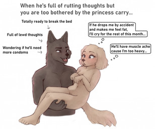 4_fingers 4_toes anthro anthro_on_anthro black_nose breasts bridal_carry carrying_another carrying_partner duo fangs feet female fingers fur grey_body grey_fur humanoid_hands lying male male/female nude nude_anthro nude_female nude_male tan_body tan_fur teeth text thought_bubble toes bfkitsu1550 unnamed_spaniel_(bfkitsu1550) bird_dog canid canine canis domestic_dog hunting_dog mammal spaniel wolf english_text hi_res