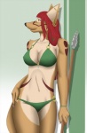 anthro bikini clothed clothing ear_piercing female hair industrial_piercing melee_weapon piercing polearm red_hair skimpy solo spear swimwear tail tribal two-piece_swimsuit weapon cayo malani canid canine canis coyote mammal