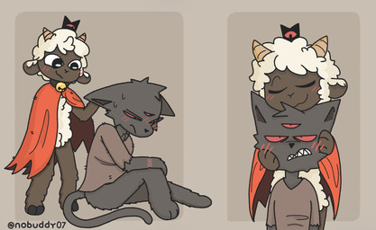 3_eyes annoyed anthro arm_scar bared_teeth bell bell_collar black_body black_fur black_nose blush brown_body brown_clothing cloak cloak_only clothing collar crown duo eyes_closed feline_ears fluffy frown fur hand_on_head headgear holding_head hooves horn looking_at_another looking_away looking_up male male/male multi_eye paws red_cloak red_clothing red_eyes red_sclera resting_head resting_on_partner scar shirt simple_background sitting smile standing tail teeth topwear tunic white_body white_fur white_sclera wool_(fur) nobuddy cult_of_the_lamb massive_monster_(studio) lamb_(cult_of_the_lamb) narinder bovid caprine domestic_cat felid feline felis mammal sheep hi_res