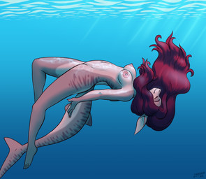 5_fingers 5_toes anthro black_hair breasts feet female fingers floating fully_submerged grey_body grey_skin hair humanoid_feet humanoid_hands navel nipples nude nude_anthro nude_female plantigrade skinny_dipping solo tail toes underwater water zendrid rhoya_(zendrid) aquatic fish shark absurd_res hi_res