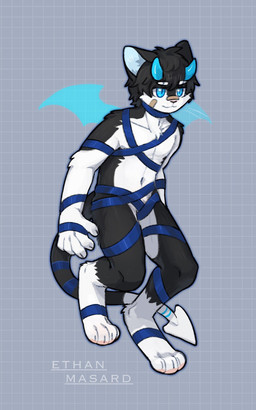 anthro arm_tuft black_body black_fur black_hair blue_eyes blue_horn blue_stripes blue_wings cheek_tuft chest_tuft elbow_tuft eyebrow_through_hair eyebrows facial_tuft fur glistening glistening_eyes hair horn leg_markings male markings mouth_closed nude short_hair shoulder_tuft simple_background socks_(marking) solo spade_tail striped_body striped_fur striped_markings striped_tail stripes tail tail_markings three-quarter_view translucent translucent_hair translucent_wings tuft unsigned white_body white_fur wings asnnonaka ethan_(asnnonaka) domestic_cat felid feline felis mammal 5:8 full-length_portrait hi_res portrait