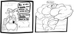 anthro bench big_muscles clothing dialogue duo frown hat headgear headwear huge_muscles hyper hyper_muscles macro male muscular nude robe sitting speech_bubble standing text wizard_hat mercurialentropy canid canine mammal 2025 comic english_text hi_res monochrome
