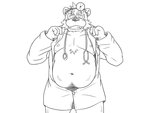 anthro balls barely_visible_balls barely_visible_genitalia belly blush clothed clothing doctor eyewear genitals glasses humanoid_hands kemono male moobs navel nipples open_clothing open_shirt open_topwear overweight overweight_anthro overweight_male shirt simple_background solo topwear white_background oogamikennta bear mammal 2016 4:3 monochrome