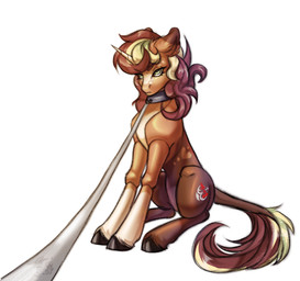 black_hooves blonde_mane brown_body brown_fur brown_mane brown_markings brown_tail closed_frown collar cutie_mark eyebrow_through_hair eyebrows eyelashes feathering female feral frown fur green_eyes grey_collar grumpy hair head_tilt heart_(marking) hooves horn leash leashed_collar lidded_eyes light logo looking_up mane markings medium_mane mouth_closed multicolored_body multicolored_fur multicolored_mane multicolored_tail quadruped simple_background sitting solo tail tail_motion tailwag translucent translucent_hair unguligrade unicorn_horn white_background white_horn yellow_tail rayrage hasbro my_little_pony mythology fan_character equid equine mammal mythological_creature mythological_equine unicorn 2026 2d_animation absurd_res animated artist_logo colored digital_media_(artwork) english_description hi_res lighting shaded