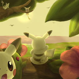 ambiguous_gender cleft_tail dangling detailed_background flower fur grass group in_tree morning nature outside plant sitting sky sun tail tree water wood yellow_body yellow_fur conditional_dnp tricksta nintendo pokemon arthropod avian beetle bird cucujoid generation_1_pokemon insect ladybug mammal pikachu pokemon_(species) rodent 1:1 digital_media_(artwork) digital_painting_(artwork) hi_res painting_(artwork)