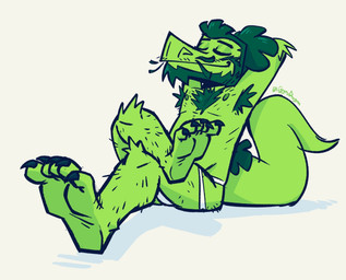 anthro armpit_hair beard body_hair chest_hair claws clothed clothing eyes_closed facial_hair feet foot_focus green_body green_hair hair hands_behind_own_head humanoid_feet jockstrap jockstrap_only male plantigrade ponytail sitting solo toe_claws topless underwear underwear_only stellizard stel_(stellizard) lizard reptile scalie hi_res