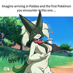 anthro breast_curtains breasts female female_anthro fur green_body green_fur hair half-closed_eyes narrowed_eyes navel nipple_outline nude outside plant seductive smile solo standing tail teeth text tree bronybran nintendo pokemon felid feline generation_9_pokemon mammal meowscarada pokemon_(species) 1:1 digital_media_(artwork) english_text hi_res
