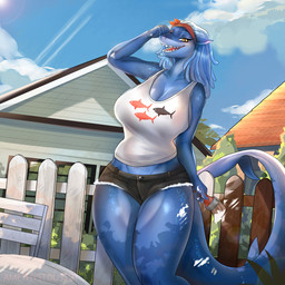 amber_eyes anthro big_breasts biped black_bottomwear black_clothing black_shorts blue_body blue_hair blue_skin blue_sky bottomwear breasts brush building clothed clothing cloud day female fence fully_clothed hair headgear headwear house non-mammal_breasts outside paintbrush red_clothing red_headwear sharp_teeth shirt shorts sky solo tail teeth text thick_thighs topwear white_clothing white_shirt white_topwear amethystdust aria_(neracoda) aquatic fish shark 1:1 2021 artist_name dated digital_media_(artwork) hi_res