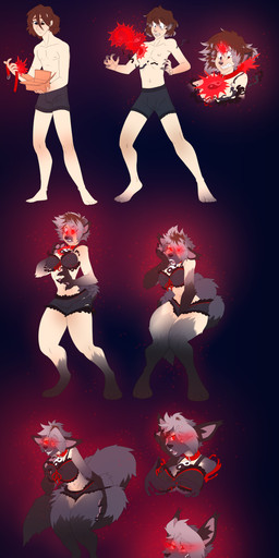 anthro boxers_(clothing) bra breast_growth breasts brown_hair claws clothing female fur gender_transformation glowing glowing_eyes grey_body grey_fur growth hair hand_between_legs legwear looking_pleasured male mtf_transformation multi_tail pattern_clothing paw_growth pawpads shirt stockings striped_clothing stripes surprised tail tail_growth topwear transformation transformation_sequence transformation_through_clothes transformation_through_magic underwear yin_yang atcpony human mammal absurd_res hi_res