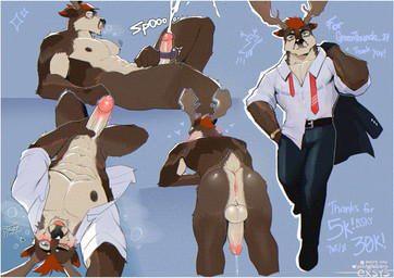 anthro antlers anus belt bent_over big_penis blep blush bodily_fluids bottomwear brown_body brown_fur bubble bubble_butt butt clothing collared_shirt cum cumshot dress_shirt drunk drunk_bubble ejaculation erection fur genital_fluids genitals horn humanoid_genitalia humanoid_penis male masturbation multiple_poses muscular muscular_anthro muscular_male necktie nipples nude orgasm pants penile penile_masturbation penis penis_grab pose precum presenting presenting_hindquarters sex_toy shirt solo substance_intoxication tongue tongue_out topwear vibrator vibrator_on_penis exsys deer mammal