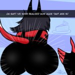 anthro big_butt black_hair butt clothed clothing cuckold detailed_background duo female hair horn male male/female red_body text thick_thighs kojot helluva_boss snapchat blitzo_(helluva_boss) millie_(helluva_boss) demon demon_humanoid humanoid imp 1:1 2023 english_text hi_res