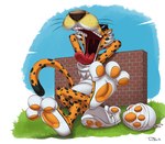 3_toes anthro clothing eyewear feet foot_focus footwear fur male mascot multicolored_body multicolored_fur open_mouth orange_pawpads pawpads shoes solo sunglasses teeth teeth_showing toes tongue uvula whiskers teaselbone cheetos chester_cheetah cheetah felid feline mammal