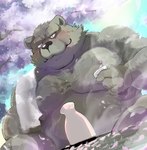 2024 absurd_res alcohol anthro bear belly beverage big_belly black_nose cherry_blossom detailed_background flower hachirouta hi_res humanoid_hands kemono male mammal moobs outside overweight overweight_male plant prunus_(flower) sake sake_bottle sake_dish sitting solo steam towel tree water