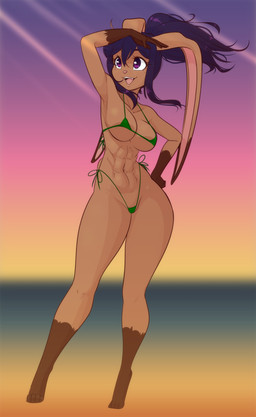 abs anthro big_breasts bikini breasts brown_body camel_toe clothing collarbone dipstick_ears ear_markings eyebrow_through_hair eyebrows eyelashes feet female gloves_(marking) green_bikini green_clothing green_swimwear hair hand_on_hip leg_markings markings micro_bikini multicolored_ears navel open_mouth open_smile purple_eyes purple_hair side-tie_bikini smile socks_(marking) solo string_bikini swimwear translucent translucent_hair two-piece_swimsuit scorpdk leto_(scorpdk) lagomorph leporid mammal rabbit 2026 absurd_res hi_res
