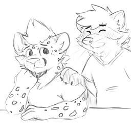 anthro cheek_tuft closed_smile clothed clothing duo eyebrows eyes_closed facial_tuft front_view fur hair inner_ear_fluff looking_aside male markings mouth_closed shirt short_hair shoulder_grab simple_background sitting smile spots spotted_arms spotted_body spotted_fur t-shirt topwear tuft unsigned pache_riggs felid mammal procyonid raccoon 1:1 hi_res monochrome sketch